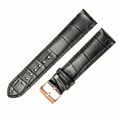 Black alligator-textured leather watch strap with rose gold pin buckle by WatchesMate, compatible with multiple watch models