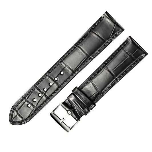 Black alligator-textured leather watch strap with silver pin buckle by WatchesMate, compatible with multiple watch models