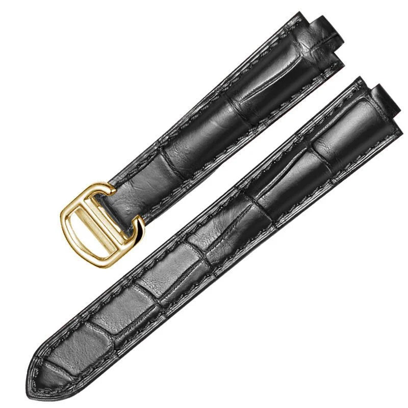 Black handcrafted crocodile leather watch strap compatible with Cartier Ballon Bleu, featuring a gold-tone buckle and elegant finish