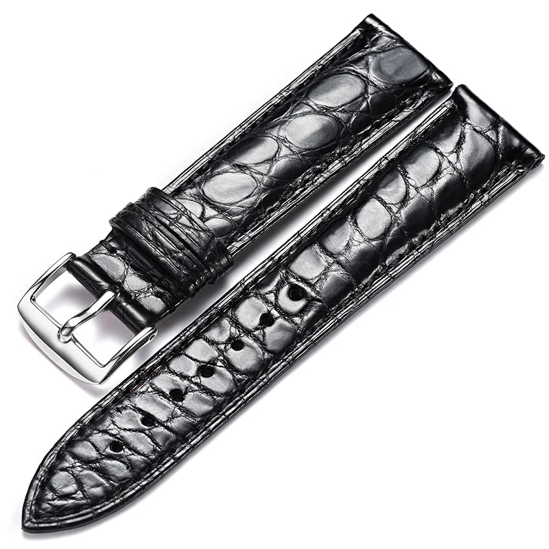 WatchesMate black alligator-textured leather replacement watch strap with silver pin buckle, compatible with multiple watch models