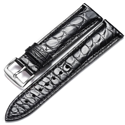 WatchesMate black alligator-textured leather replacement watch strap with silver pin buckle, compatible with multiple watch models
