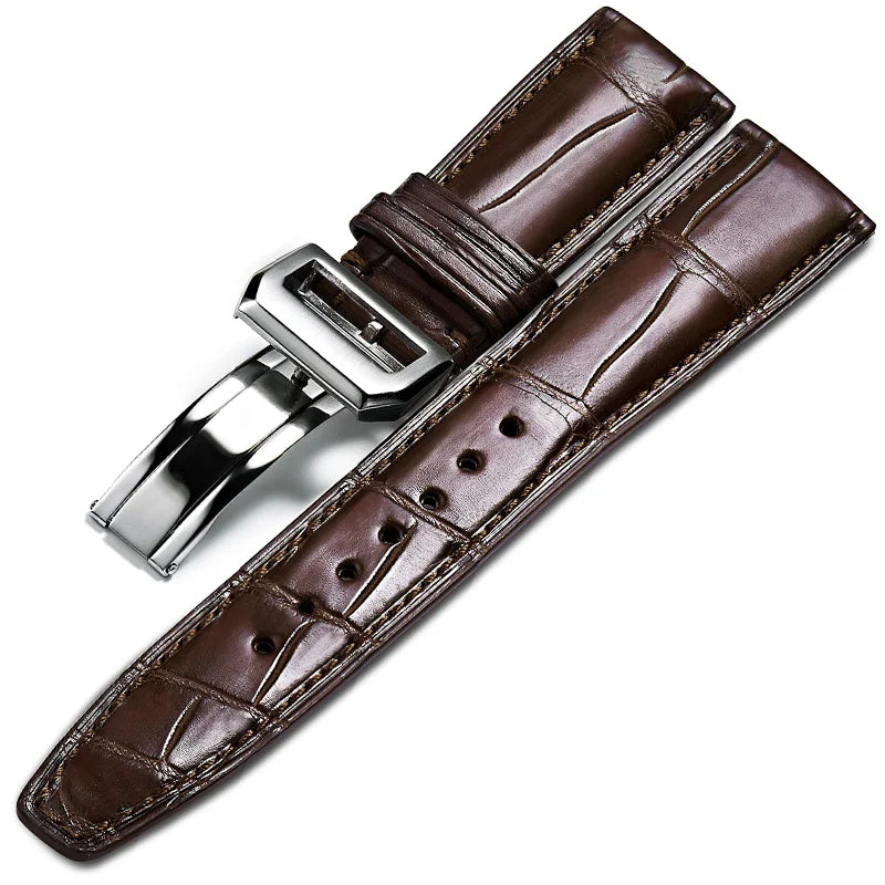 WatchesMate brown alligator-textured leather strap with silver folding clasp, compatible with IWC Portofino watches