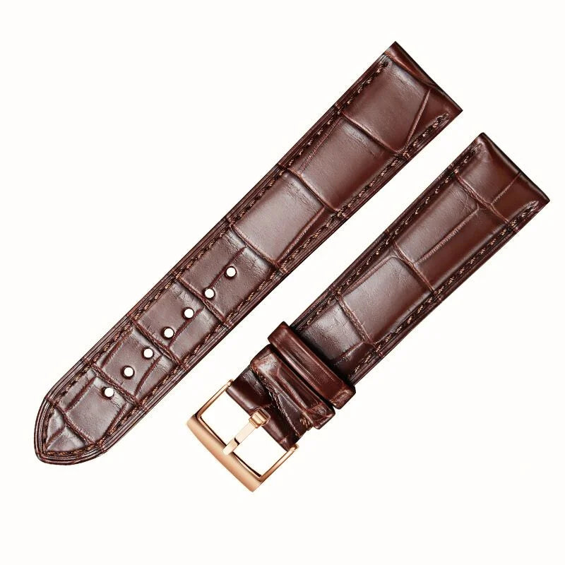 Brown alligator-textured leather watch strap with rose gold pin buckle by WatchesMate, compatible with multiple watch models
