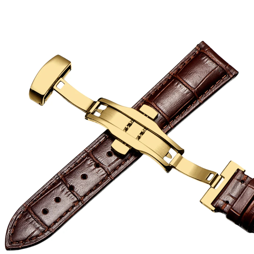 Brown Calfskin Leather Watch Strap with Gold Butterfly Clasp