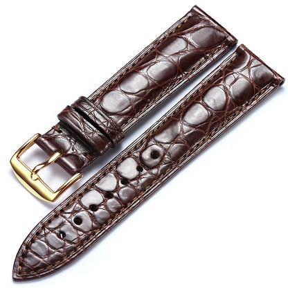 WatchesMate brown alligator-textured leather watch strap with gold pin buckle, 12–24 mm wide, compatible with multiple watch models