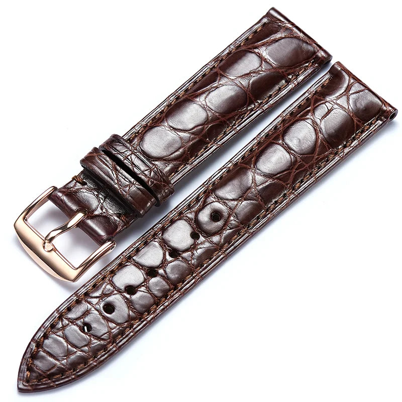 WatchesMate brown alligator-textured leather watch strap with rose gold pin buckle, 12–24 mm wide, compatible with multiple watch models