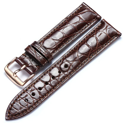WatchesMate brown alligator-textured leather watch strap with rose gold pin buckle, 12–24 mm wide, compatible with multiple watch models
