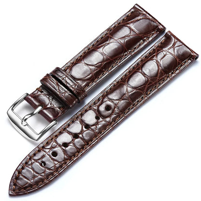 WatchesMate brown alligator-textured leather watch strap with silver pin buckle, 12–24 mm wide, compatible with multiple watch models