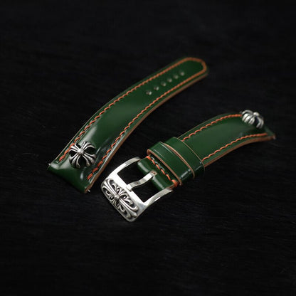 Handcrafted green Japanese Shell Cordovan watch strap featuring cross-stud details and 925 sterling silver accents, designed for premium watches