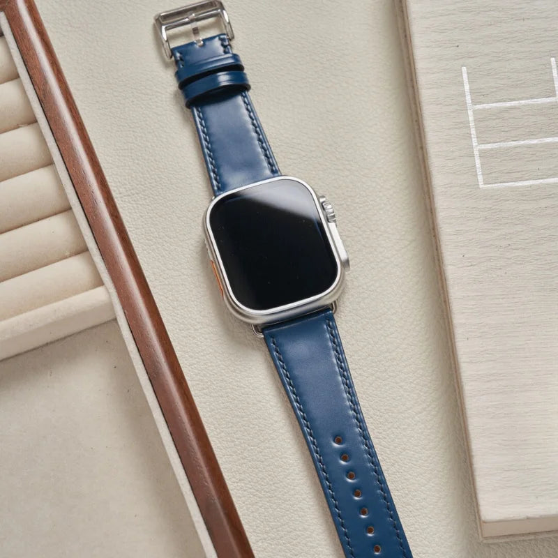 Handcrafted blue Shell Cordovan leather Apple Watch band for Apple Watch Series 10 46 mm
