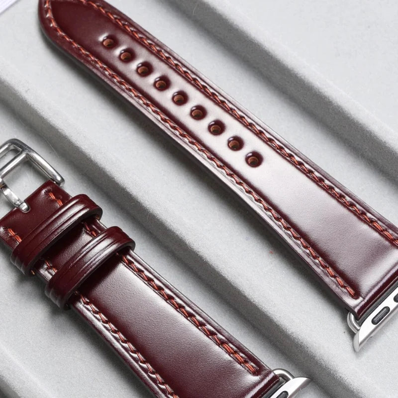Handcrafted maroon Shell Cordovan leather Apple Watch strap for Apple Watch Series 10 46 mm