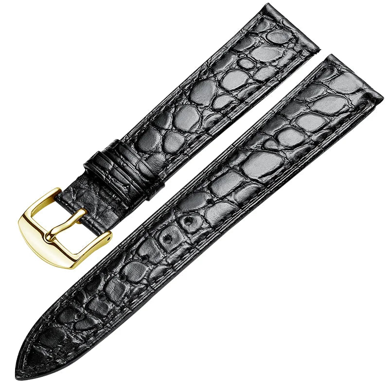 Black ultra-thin alligator-textured leather watch strap with gold pin buckle, compatible with multiple watch brands