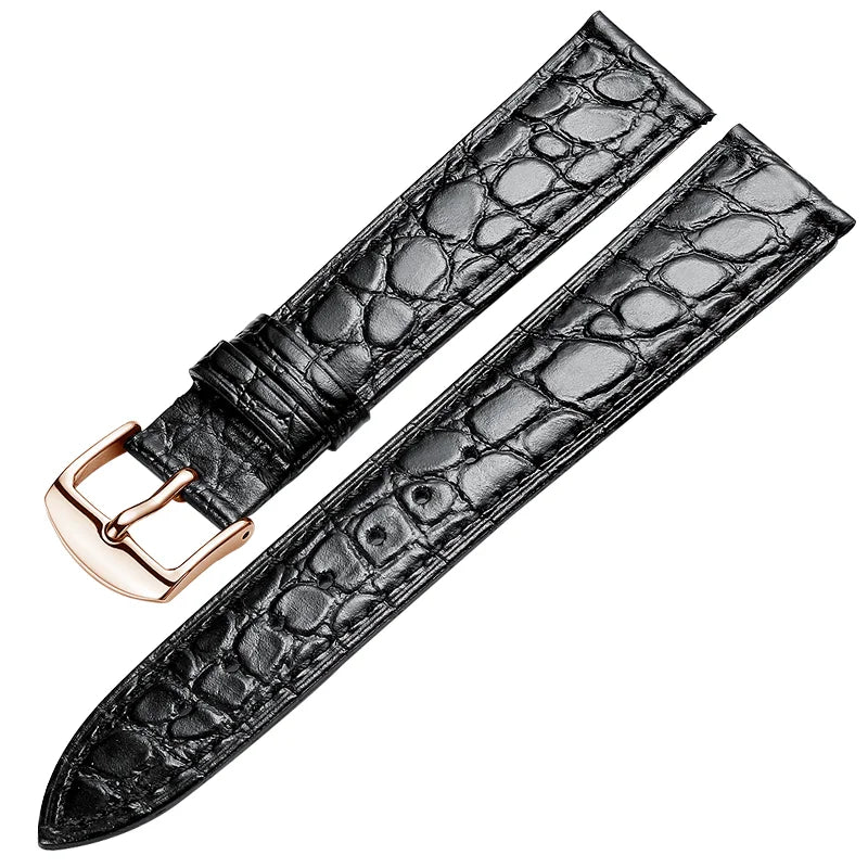 Black ultra-thin alligator-textured leather watch strap with rose gold pin buckle, compatible with multiple watch brands