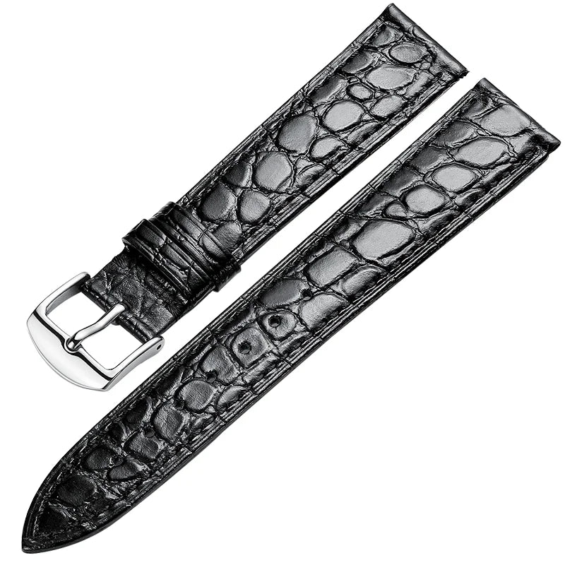 Black ultra-thin alligator-textured leather watch strap with silver pin buckle, compatible with multiple watch brands