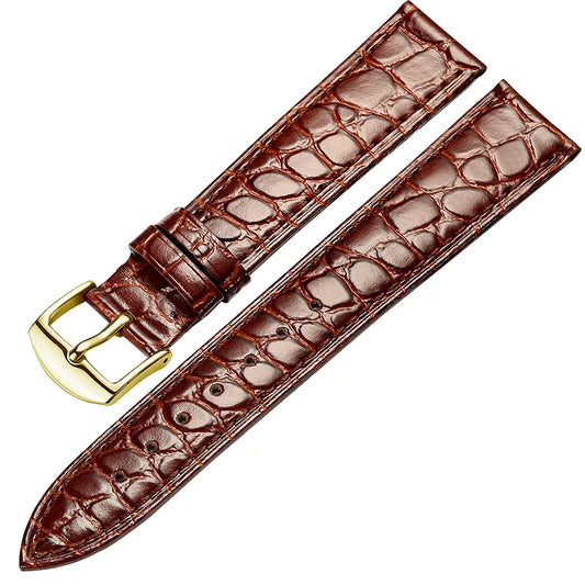 Brown ultra-thin alligator-textured leather watch strap with rose gold pin buckle, compatible with multiple watch brands