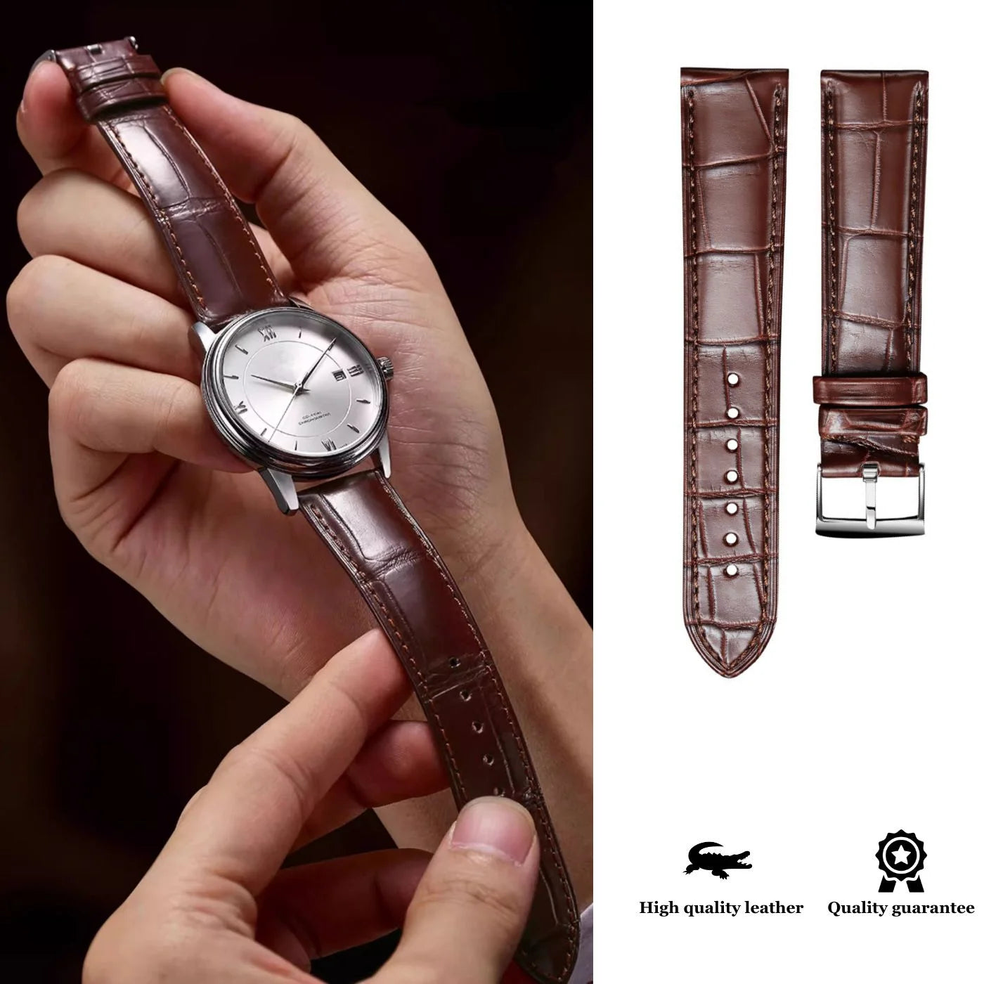 Alligator-textured leather watch strap, 12-24mm width, premium handcrafted quality for multiple watch models