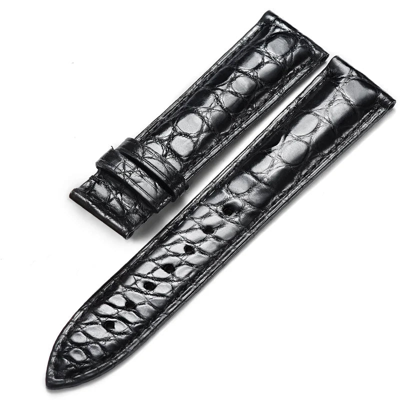 Black alligator‑textured leather strap with sweat‑resistant cowhide backing, designed for 12–24 mm lug widths.