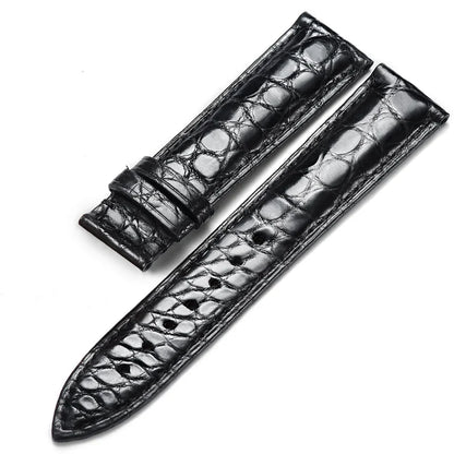 Black alligator‑textured leather strap with sweat‑resistant cowhide backing, designed for 12–24 mm lug widths.