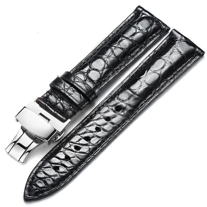 WatchesMate black alligator-textured leather replacement watch strap with silver butterfly clasp, compatible with multiple watch models