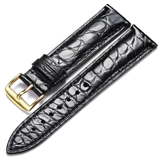 WatchesMate black alligator-textured leather replacement watch strap with gold pin buckle, compatible with multiple watch models