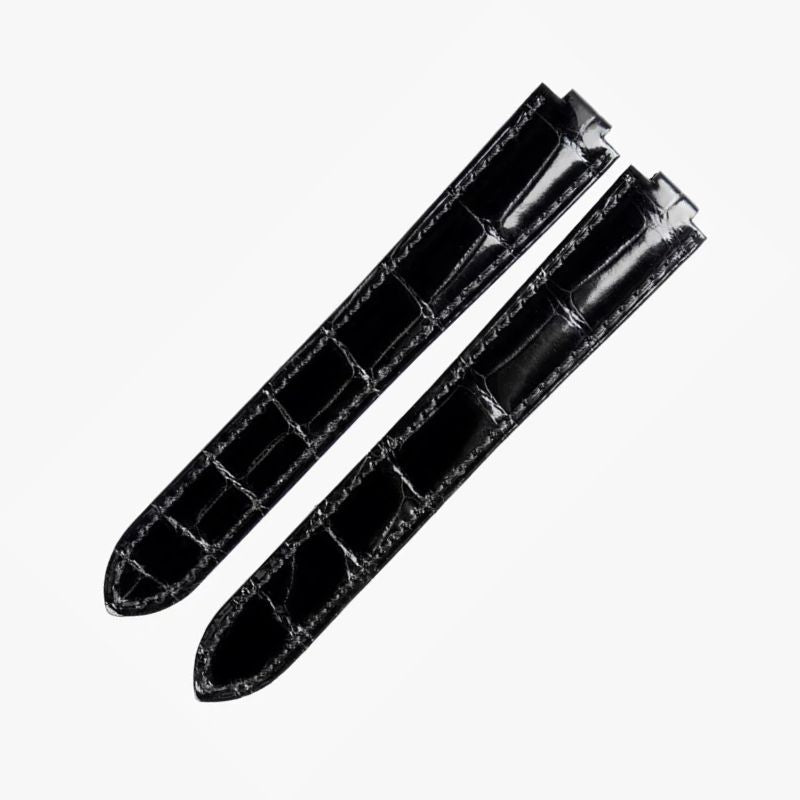 WatchesMate black alligator-textured leather strap compatible with Cartier Ballon Bleu watches, showcasing timeless elegance and refined craftsmanship