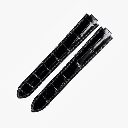 WatchesMate black alligator-textured leather strap compatible with Cartier Ballon Bleu watches, showcasing timeless elegance and refined craftsmanship