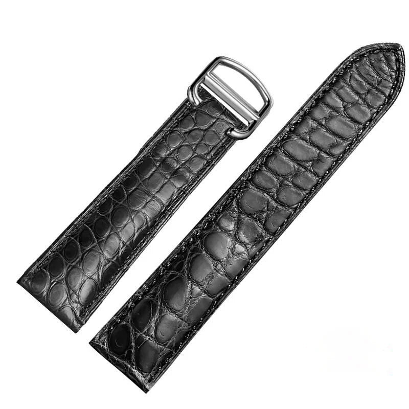 WatchesMate black alligator-textured leather strap, compatible with Cartier Tank watches, delivering understated luxury