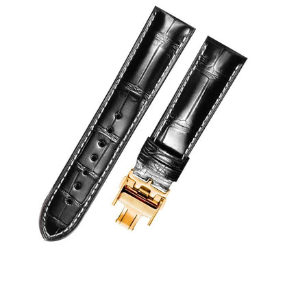 WatchesMate black alligator-textured leather watch strap with gold deployant clasp, compatible with Longines watches, handcrafted premium quality