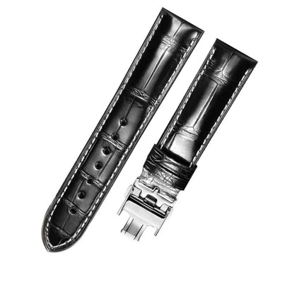WatchesMate black alligator-textured leather watch strap with silver deployant clasp, compatible with Longines watches, handcrafted premium quality
