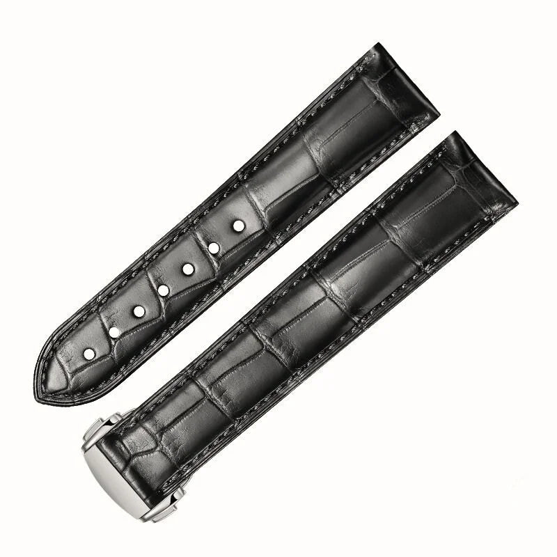 WatchesMate black alligator-textured leather strap for Omega with silver deployant clasp, featuring durable hand‑stitched craftsmanship
