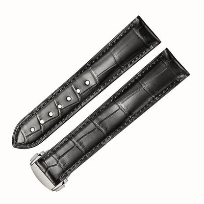 WatchesMate black alligator-textured leather strap for Omega with silver deployant clasp, featuring durable hand‑stitched craftsmanship