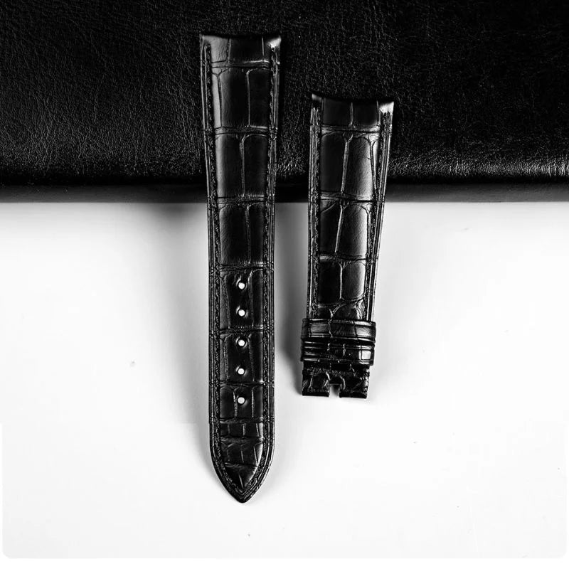 WatchesMate black alligator-textured leather strap compatible with Rolex watches — elegant texture, handcrafted quality, and refined everyday comfort