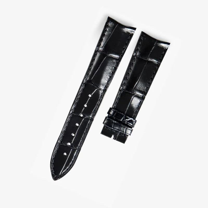 Black alligator-textured leather strap by WatchesMate, compatible with Jaeger-LeCoultre timepieces, handcrafted for timeless elegance
