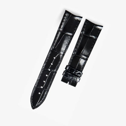Black alligator-textured leather strap by WatchesMate, compatible with Jaeger-LeCoultre timepieces, handcrafted for timeless elegance