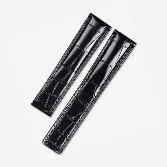 Black alligator-textured leather strap by WatchesMate, compatible with TAG Heuer watches