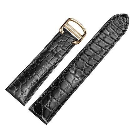 WatchesMate black alligator-textured leather strap with gold folding buckle, compatible with Cartier Tank watches, showcasing sleek contemporary style