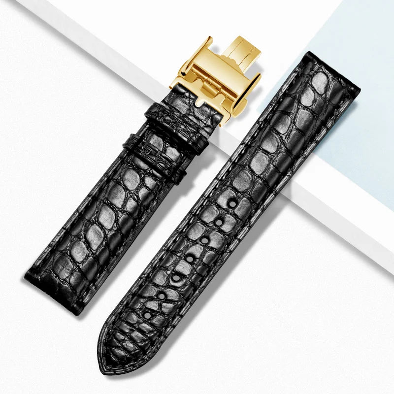 Black alligator‑textured leather watch strap with gold deployant clasp, compatible with Longines watches — refined style for women’s timepieces