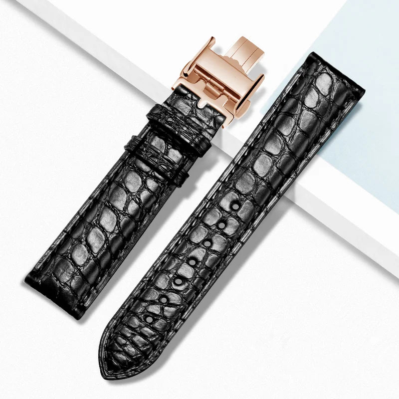Black alligator‑textured leather watch strap with rose gold deployant clasp, compatible with Longines watches — refined style for women’s timepieces