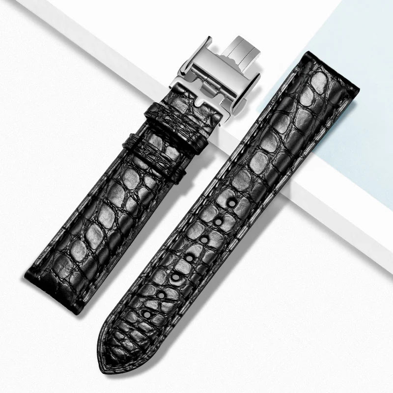 Black alligator‑textured leather watch strap with silver deployant clasp, compatible with Longines watches — sleek design for dress watch styling