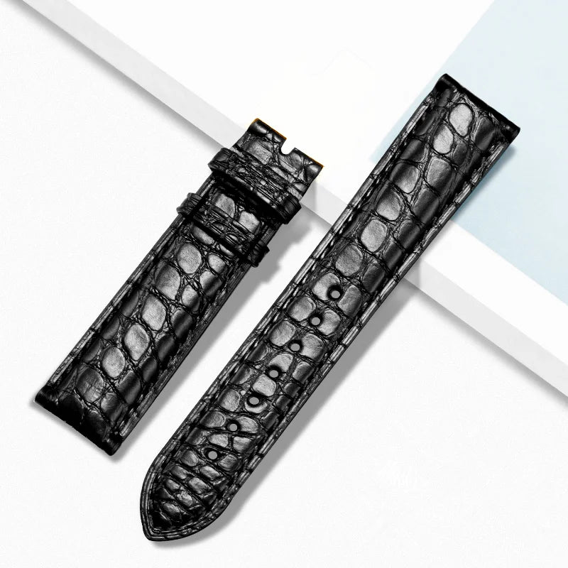 WatchesMate black alligator‑textured leather watch strap, compatible with Longines watches
