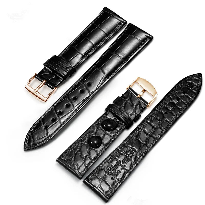 Black dual-sided alligator-textured leather strap with rose gold pin buckle