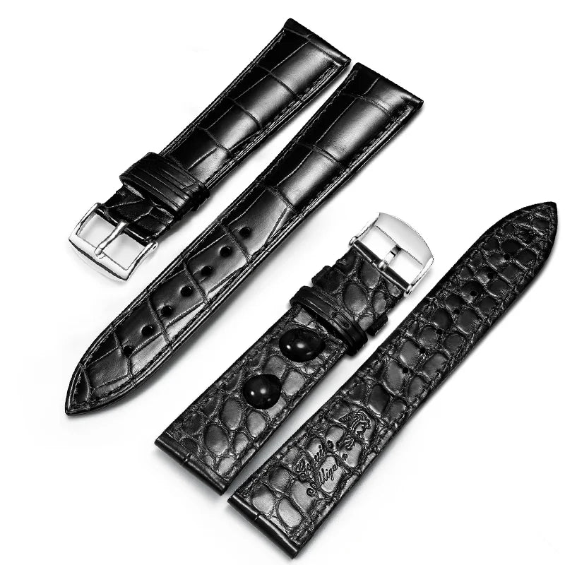 Black dual-sided alligator-textured leather strap with silver pin buckle