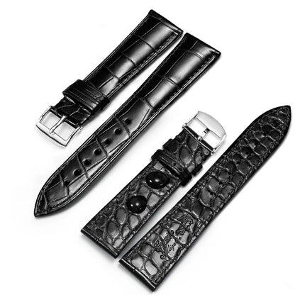 Black dual-sided alligator-textured leather strap with silver pin buckle