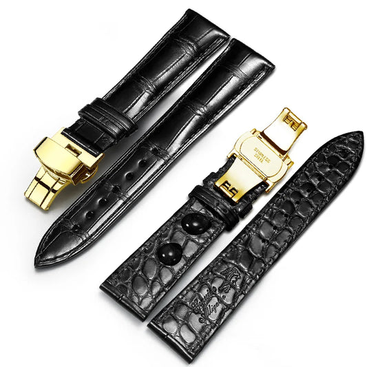 WatchesMate black dual-sided alligator-textured leather watch strap featuring a gold butterfly clasp