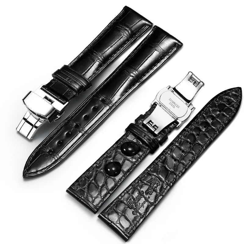 WatchesMate black dual-sided alligator-textured leather watch strap featuring a silver butterfly clasp