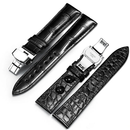 WatchesMate black dual-sided alligator-textured leather watch strap featuring a silver butterfly clasp