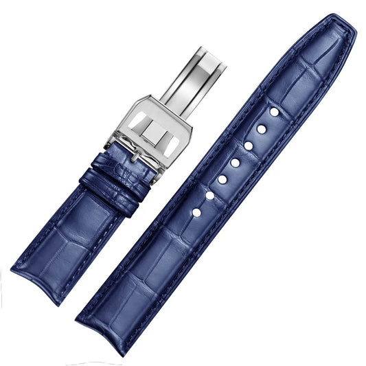 WatchesMate blue alligator-textured leather watch strap compatible with IWC Portugieser, featuring silver deployant clasp