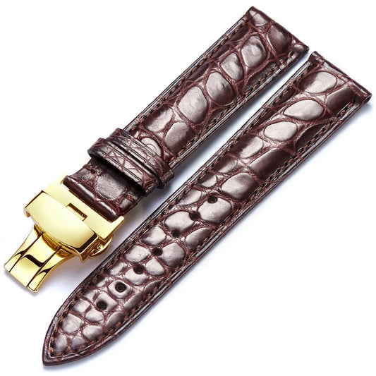 Brown alligator-textured leather watch strap with gold butterfly clasp by WatchesMate, 12–24mm wide, compatible with multiple watch models
