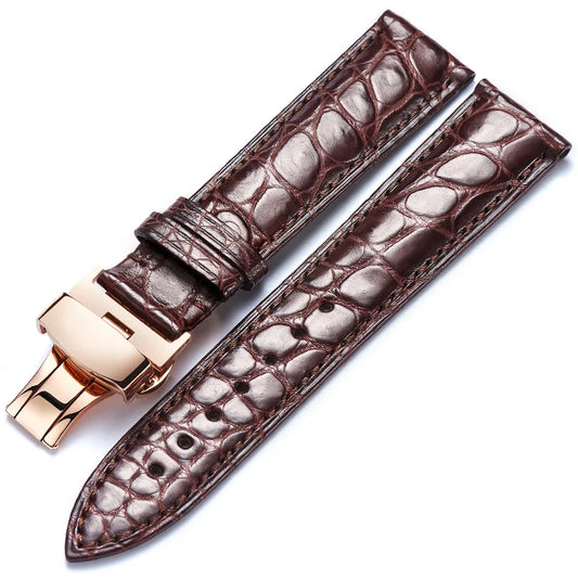 Brown alligator-textured leather watch strap with rose gold butterfly clasp by WatchesMate, 12–24mm wide, compatible with multiple watch models