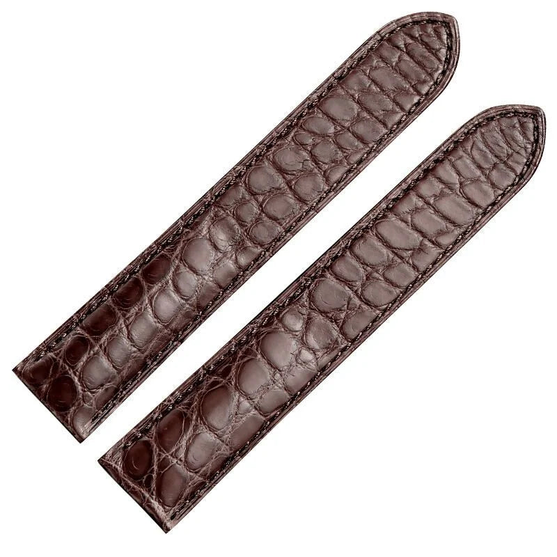 WatchesMate brown alligator-textured leather strap paired with Cartier Tank watch, showcasing timeless elegance.